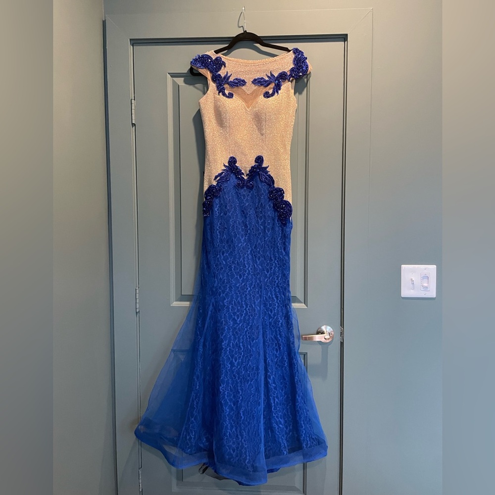 Odrella Royal Blue and Cream Gold Lace Prom Dress see through mesh sequins